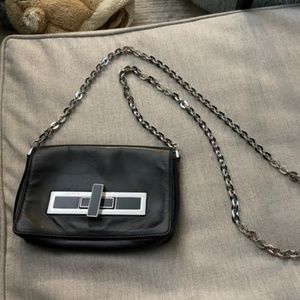 THEYSKENS THEORY Black Leather Clutch Crossbody Purse Metal Chain (Great Cond)